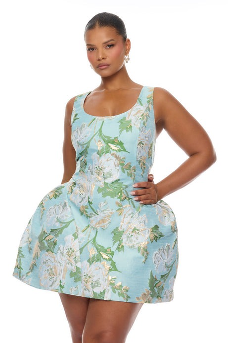 Alicia Drop Waist Jacquard Mini Dress - Blue/combo