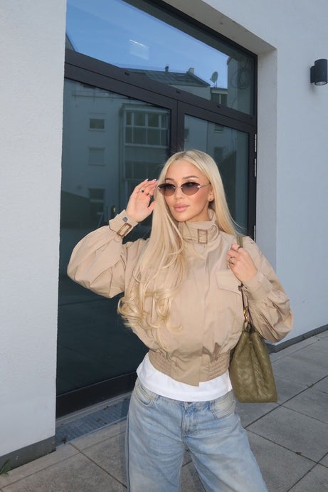 Gracelle Lightweight Twill Funnel Neck Bomber Jacket - Khaki