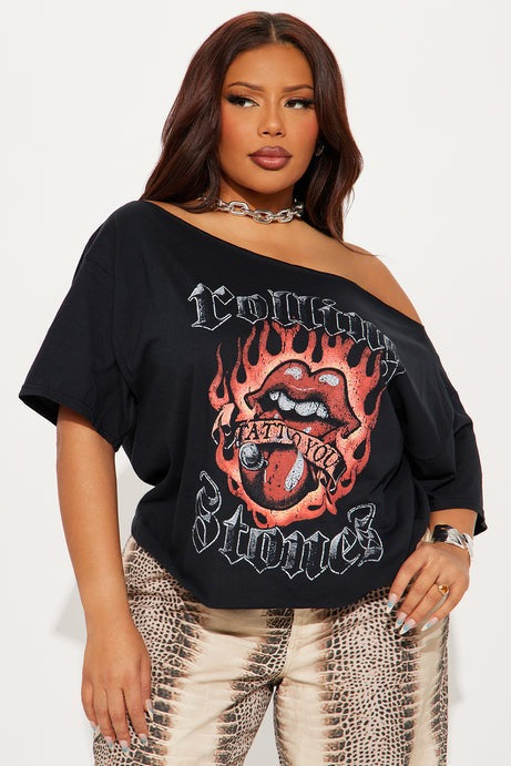 Rolling Stones Flame Off Shoulder Tee - Black