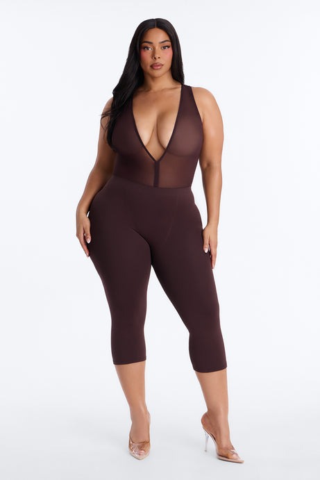Power Mesh Deep V Neck Sleeveless Bodysuit - Chocolate