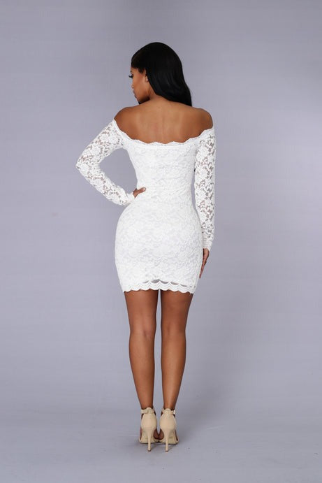 Off Shoulder Lace Bodycon Dress - White