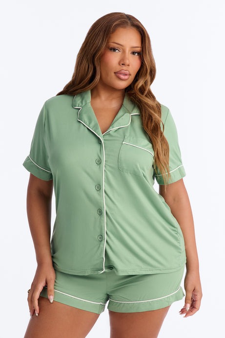 Blush Nights Button Up Short Sleeve PJ Short Set - Green