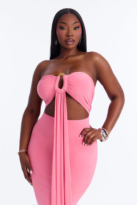 Heating Up Draped Strapless Maxi Dress - Pink