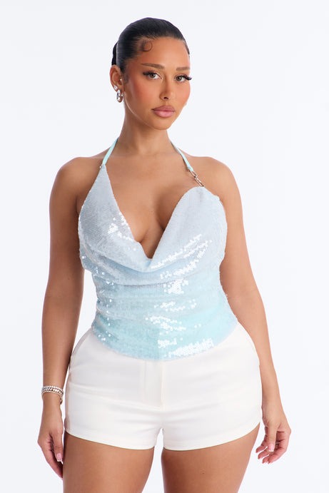 Rio de Janeiro Sequin Cowl Neck Halter Top - Blue