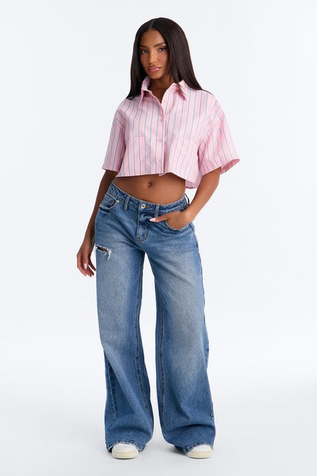 Aubrey Cropped Button Up Shirt - Pink/combo