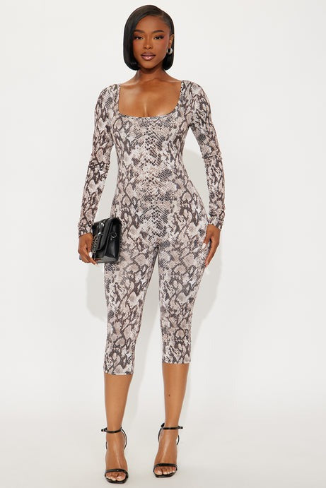Snake Tales Backless Capri Jumpsuit - Brown Combo