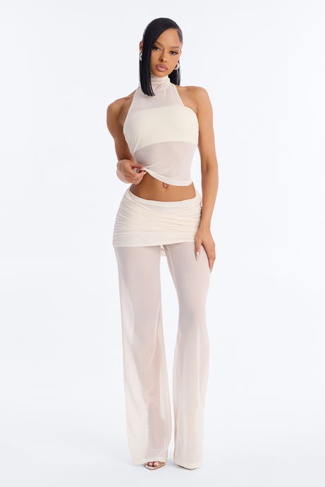 Power Mesh High Neck Thin Racerback Sleeveless Top - Bone