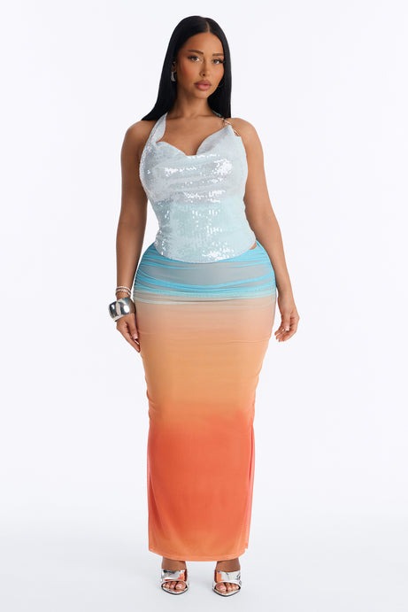 Tulum Sunset Ruched Mesh Maxi Skirt - Multi Color
