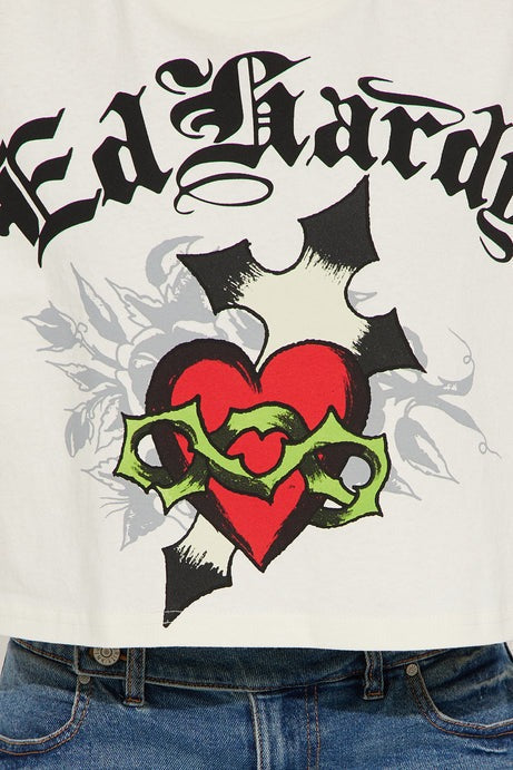 Ed Hardy Cross Heart Cropped Tee - Ivory