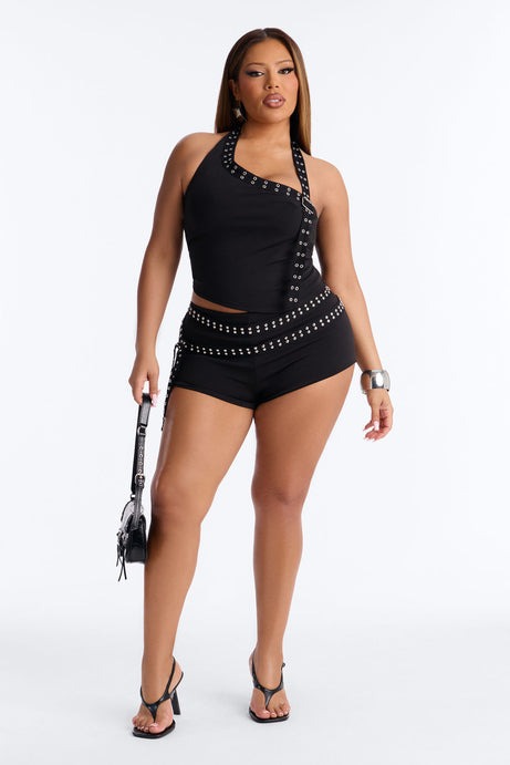 Admit One Studded Grommet Halter Short Set - Black