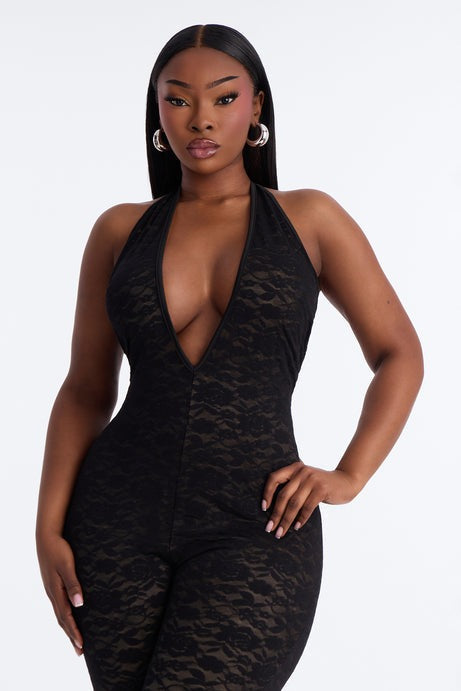 Midnight Strolls Backless Lace Jumpsuit - Black