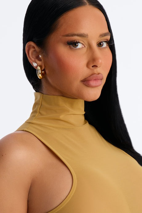Power Mesh Turtle Neck Sleeveless Bodysuit - Honey