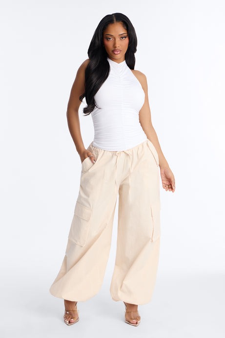 Contour Double Lined Ruched Backless Halter Top - White