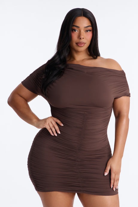 Second Skin Double Lined Off Shoulder Ruched Mini Dress - Chocolate