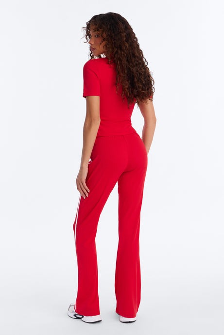 Sporty Vibe Ribbed Pant Set - Red