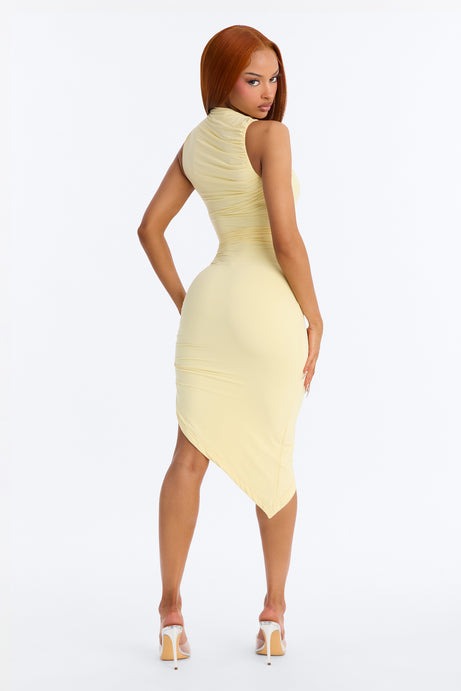 Second Skin Double Lined Ruched Slit Midi Dress - Butter Yellow