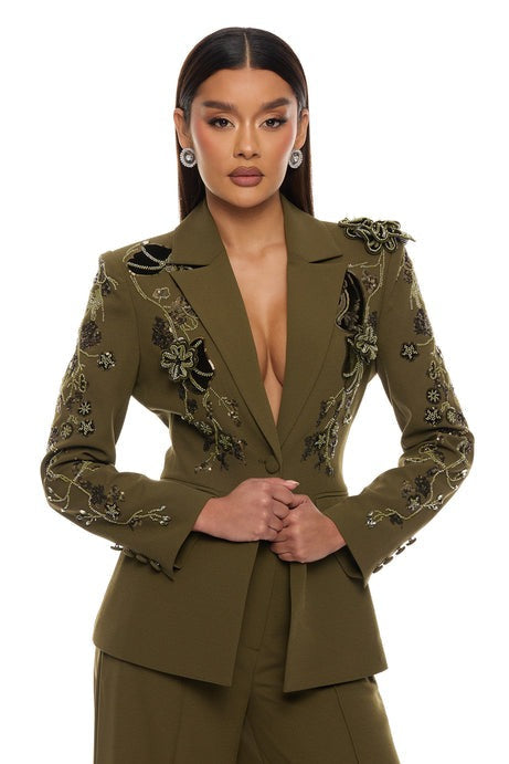 Indie Embellished Blazer Pant Set - Olive
