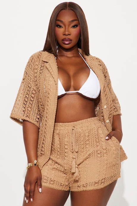 Meet At Dusk Crochet Short Set - Taupe