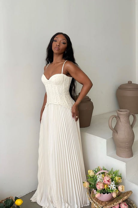 Daniella Lace Corset Pleated Maxi Dress - Cream