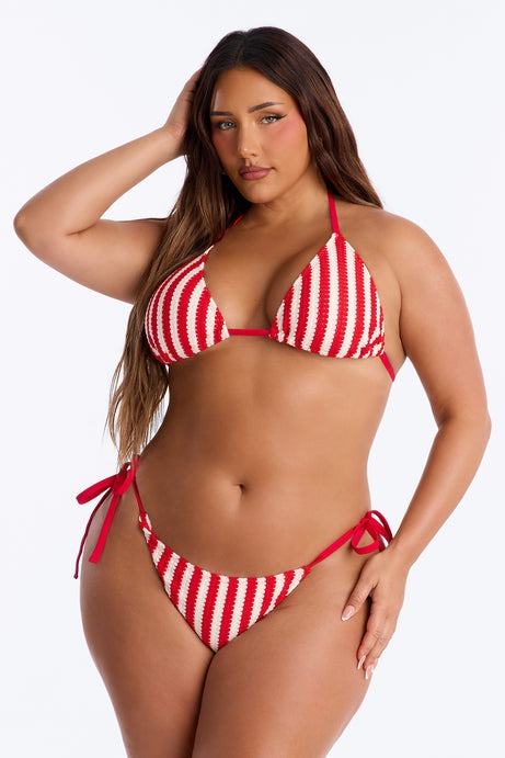 Denver Striped 3 Piece Triangle Bikini & Cover Up Pants Sunsuit - Red/combo