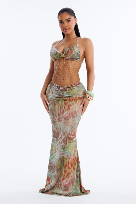 Daniela Animal Halter Hardware 3 Piece Bikini Skirt Set - Green/combo