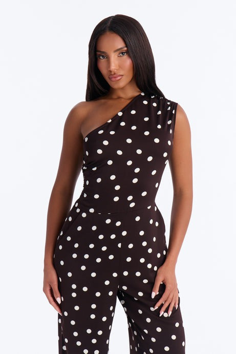 Penni Polka Dot One Shoulder Jumpsuit - Chocolate
