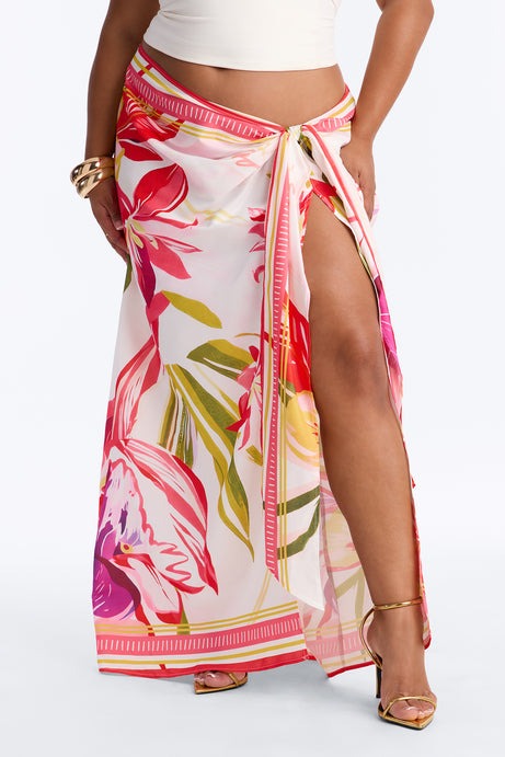 Jet Set Tropical Print Wrap Skirt - Pink/combo