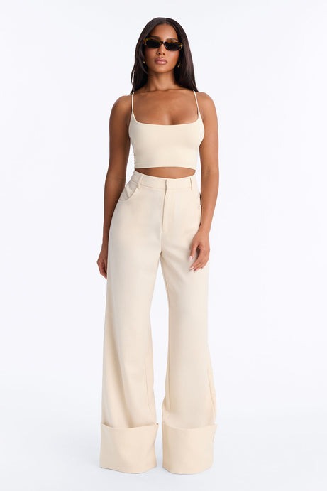 Clara High Rise Wide Leg Cuffed Trouser Pant - Stone