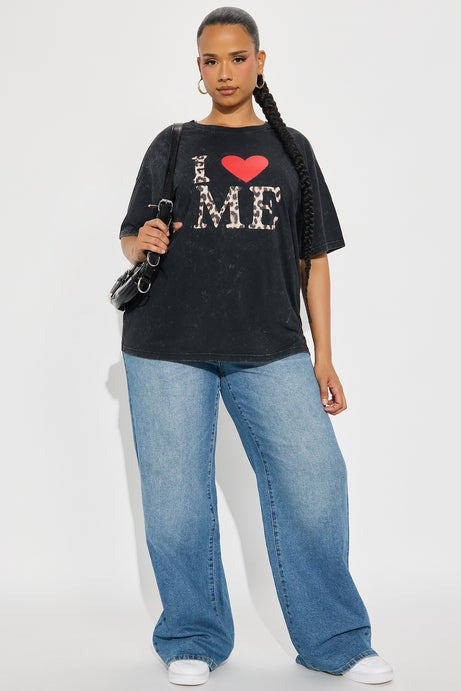 I Love Me Leopard Washed Oversized Tee - Black