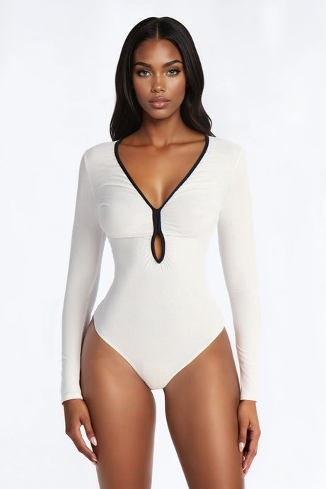 Aelita Keyhole Contrast Trim Ribbed Bodysuit - Ivory/combo