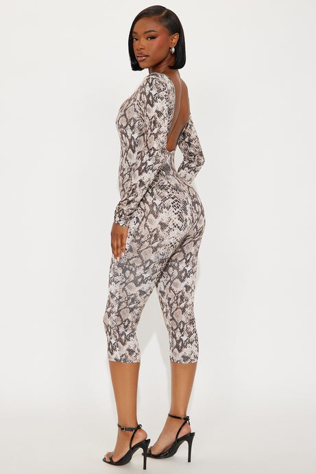 Snake Tales Backless Capri Jumpsuit - Brown Combo