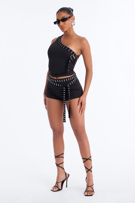 Admit One Studded Grommet Halter Short Set - Black