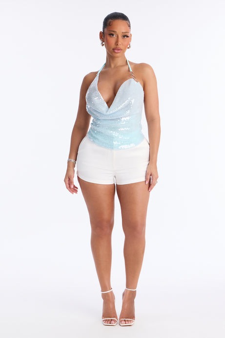 Rio de Janeiro Sequin Cowl Neck Halter Top - Blue