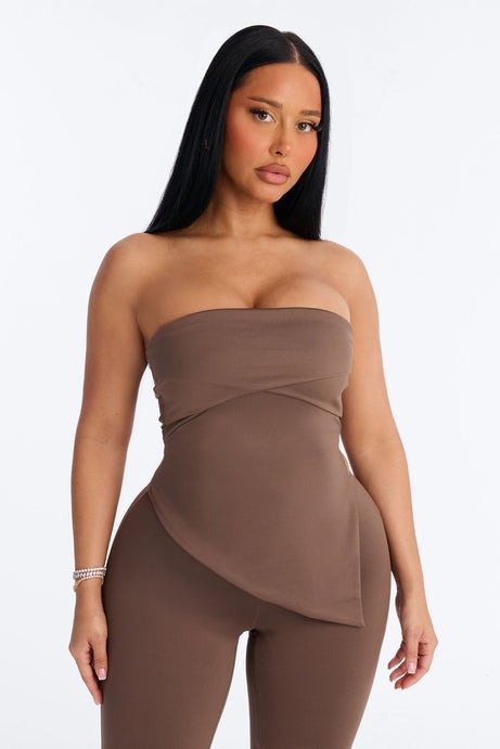 Contour Double Lined Asymmetrical Split Tube Top - Brown