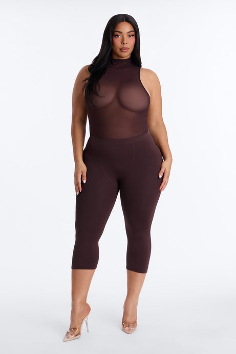 Power Mesh Turtle Neck Sleeveless Bodysuit - Chocolate