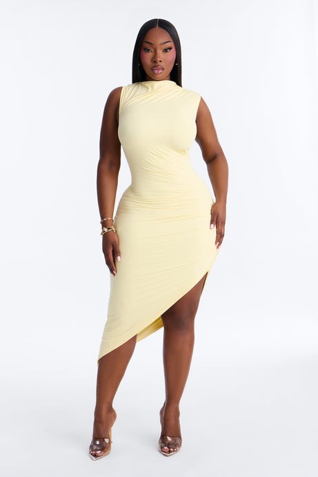 Second Skin Double Lined Ruched Slit Midi Dress - Butter Yellow