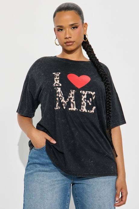 I Love Me Leopard Washed Oversized Tee - Black