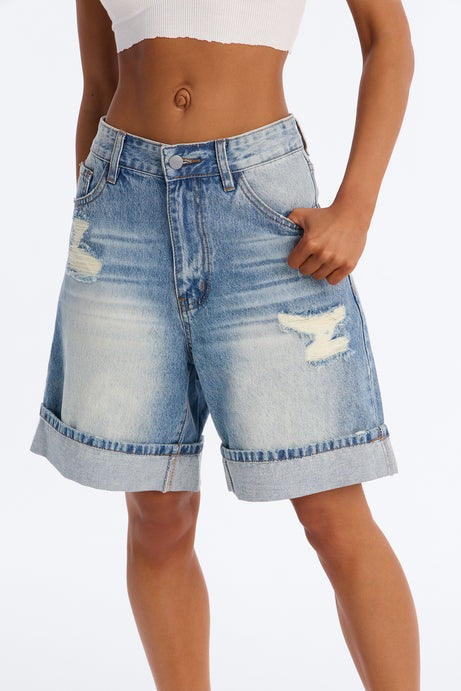 Trust Me Cuffed Denim Bermuda Shorts - Medium Wash