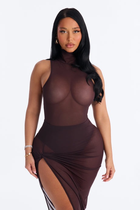 Power Mesh Turtle Neck Sleeveless Bodysuit - Chocolate