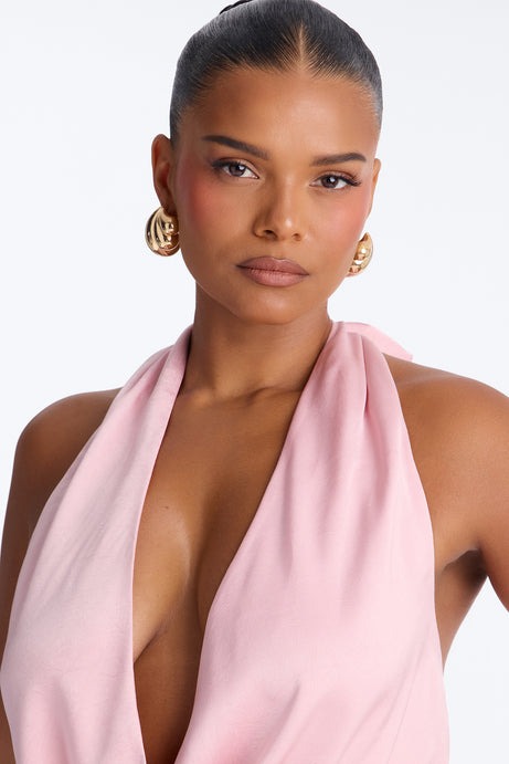 Slightly Chaotic Surplice Neck Satin Halter Top - Pink