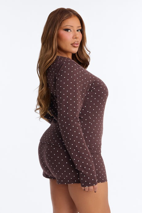 Madeline Polka Dot Button Up Knit Top - Brown/combo