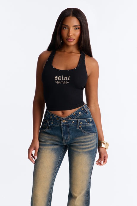Such A Saint Studded Ribbed Tank Top - Black