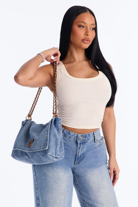 Not To Be Messed With Denim Shoulder Handbag - Denim