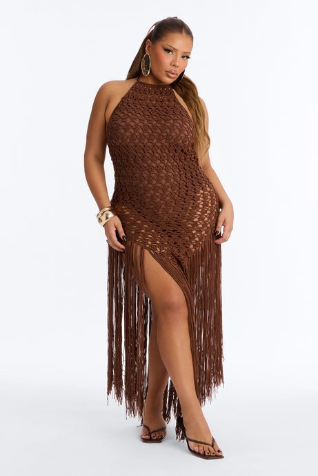 Heatwave Fringe Crochet Maxi Dress - Chocolate