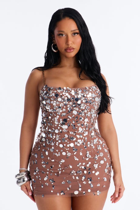 Sparkle Mesh Sequin Mini Dress - Nude/combo