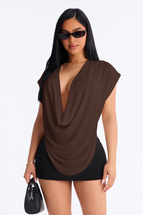 Casey Deep V-Neck Short Sleeve Top - Chocolate