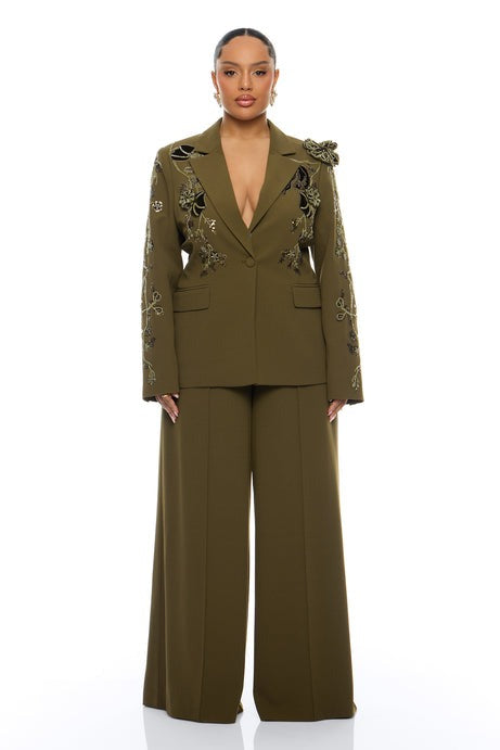 Indie Embellished Blazer Pant Set - Olive