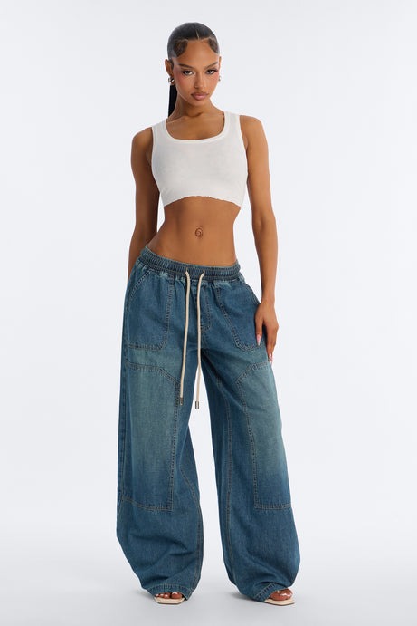 Around The World Linen Blend Pull On Jeans - Dark Wash