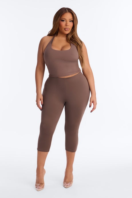 Second Skin Double Lined Twist U Neck Halter Top - Brown