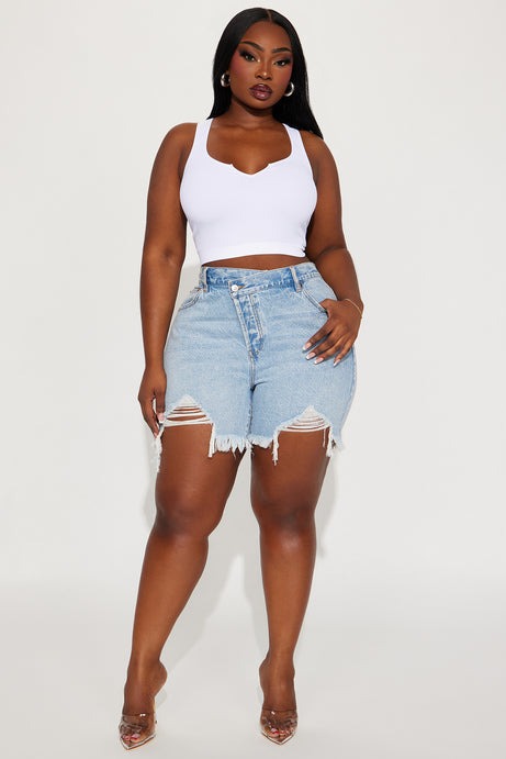 At A Glance Crossover Denim Shorts - Light Wash